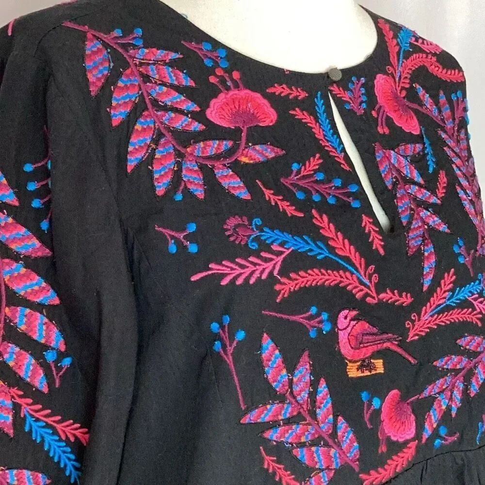 Maeve Anthropologie Embroidered Bird Floral Boho Tunic Dress Black Large - Picture 5 of 11